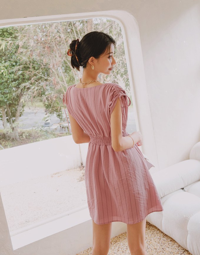 Shoulder Drawstring Striped Mini Dress