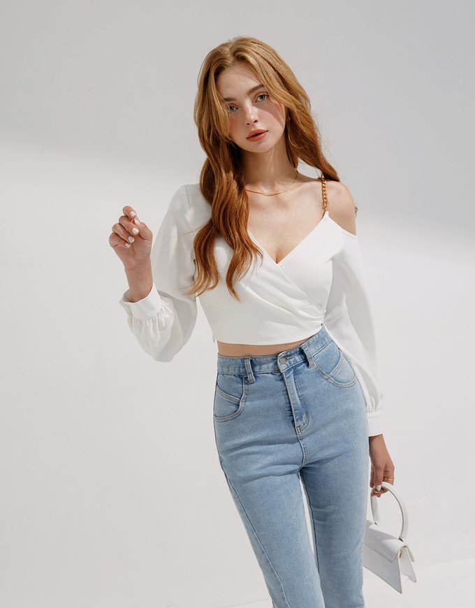 Overlapping One Shoulder Gold Chain Crop Top