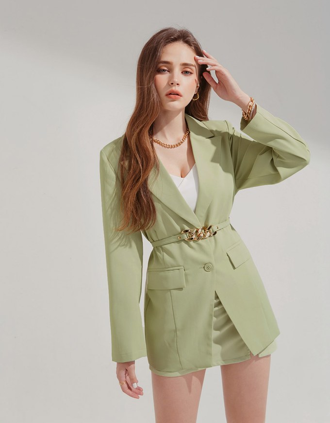 Gold Chain Detachable Shoulder Pad Blazer (With Belt)