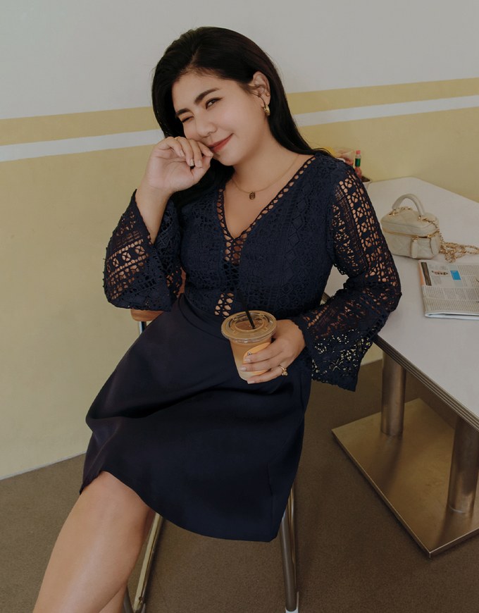 V-Neck Translucent Lace Wide Sleeve Mini Dress