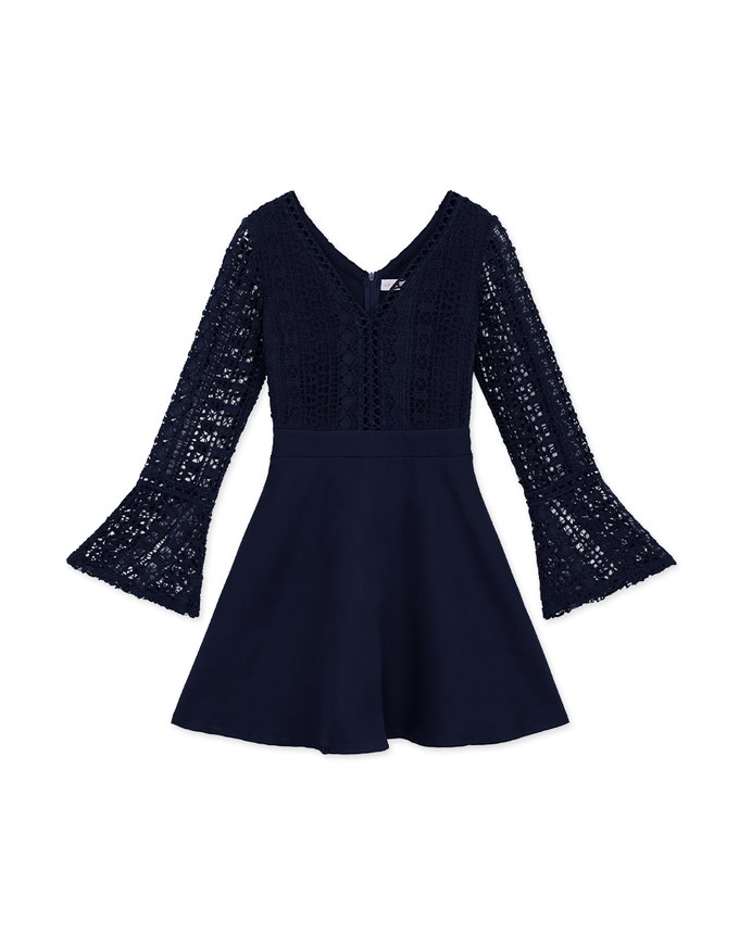 V-Neck Translucent Lace Wide Sleeve Mini Dress