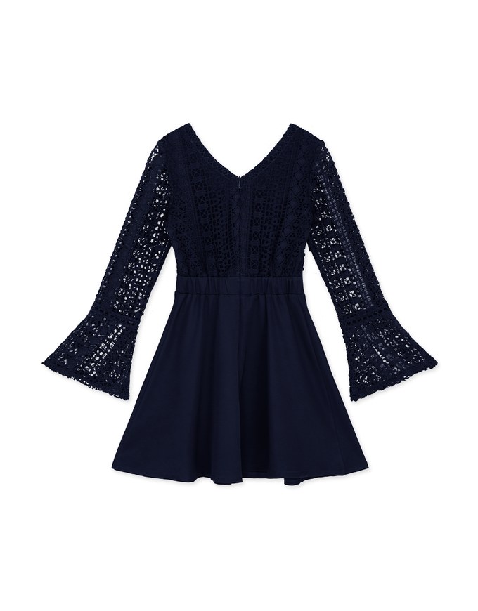 V-Neck Translucent Lace Wide Sleeve Mini Dress