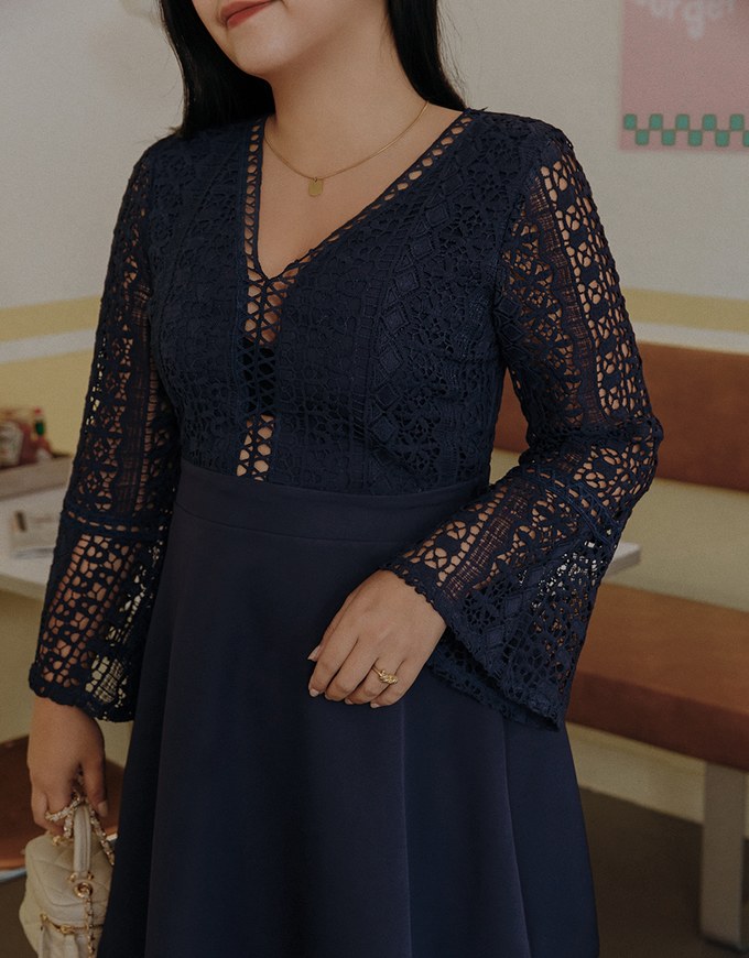 V-Neck Translucent Lace Wide Sleeve Mini Dress