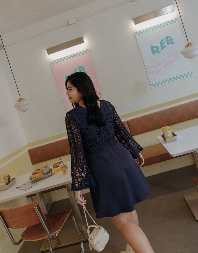 V-Neck Translucent Lace Wide Sleeve Mini Dress