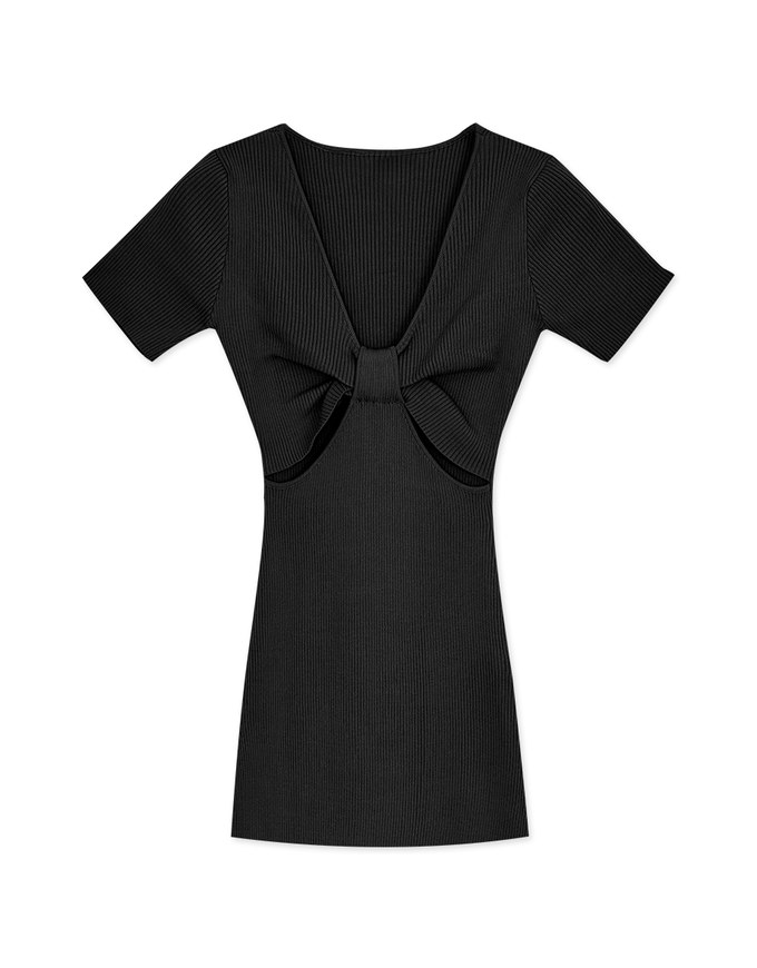 Hollow Wrinkled Side Slits Ribbed Mini Dress