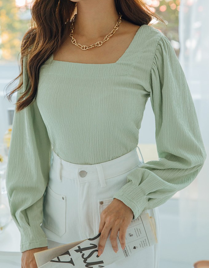 Square-Neck Puff-Sleeve Embossed Top