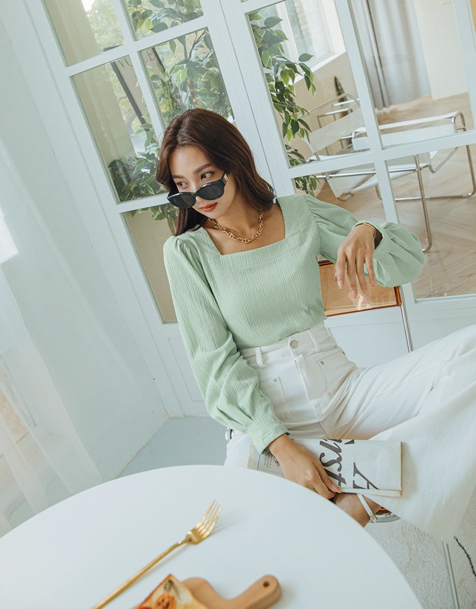 Square-Neck Puff-Sleeve Embossed Top