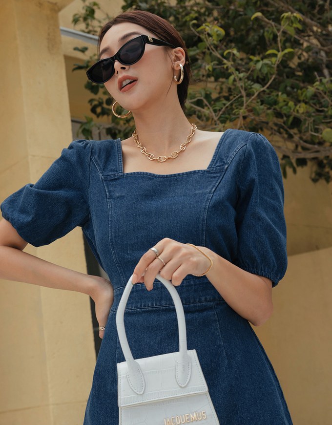 Retro Puff Sleeve Denim Mini Dress
