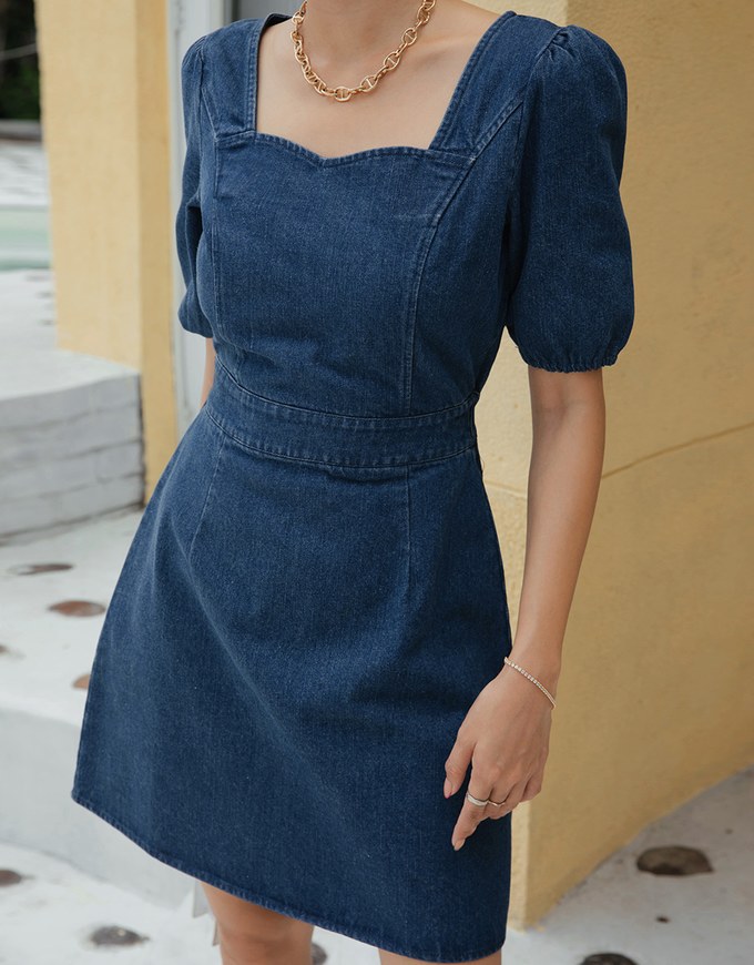 Retro Puff Sleeve Denim Mini Dress