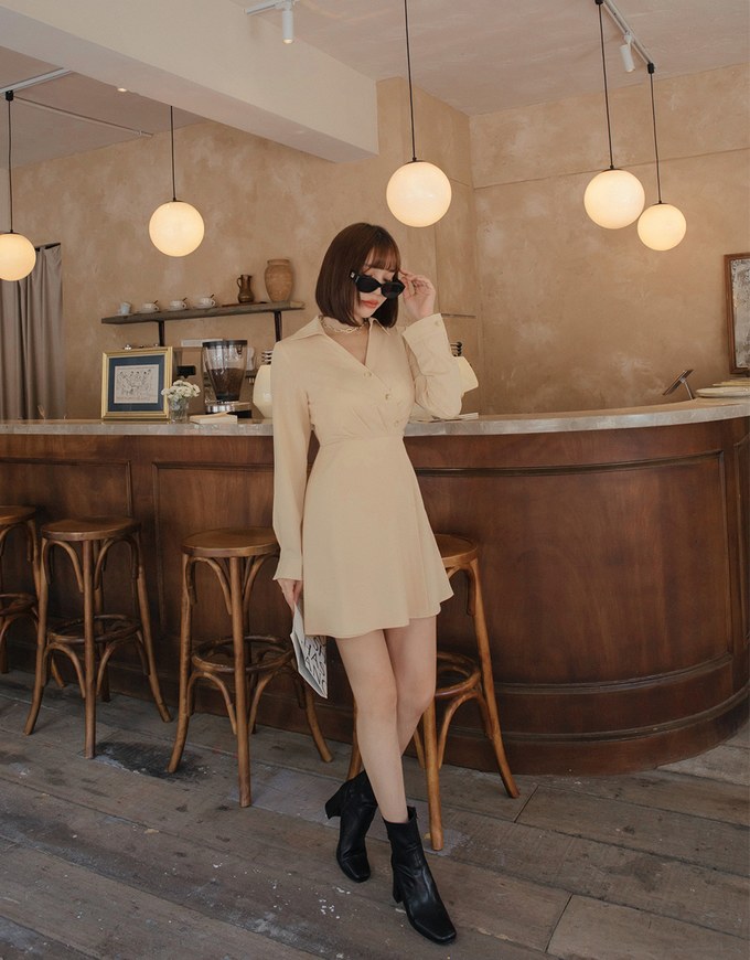 V Neck Diagonal Button Shirt Dress