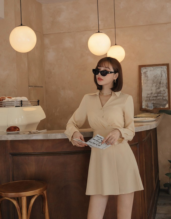 V Neck Diagonal Button Shirt Dress