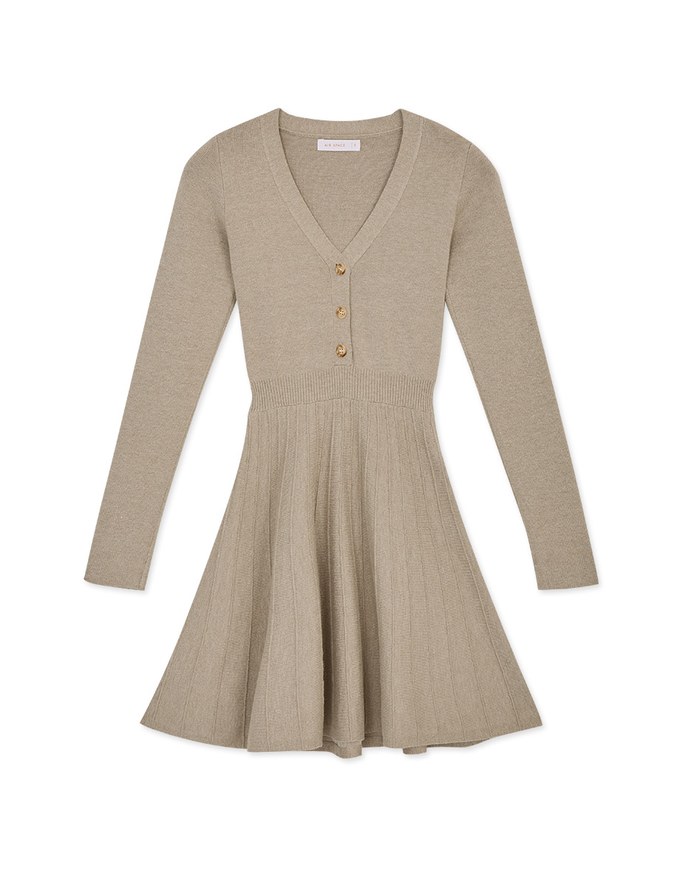 V-Neck Button Hem Knit Mini Dress