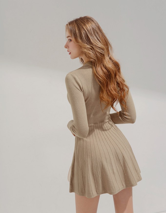 V-Neck Button Hem Knit Mini Dress