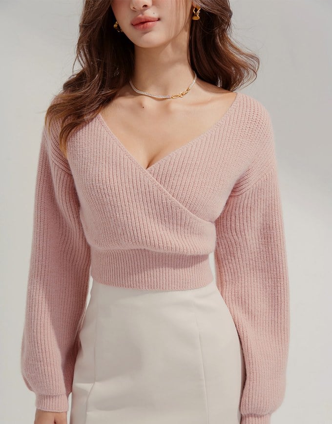 Overlapped V Neck Short Sleeve Knit Crop Top