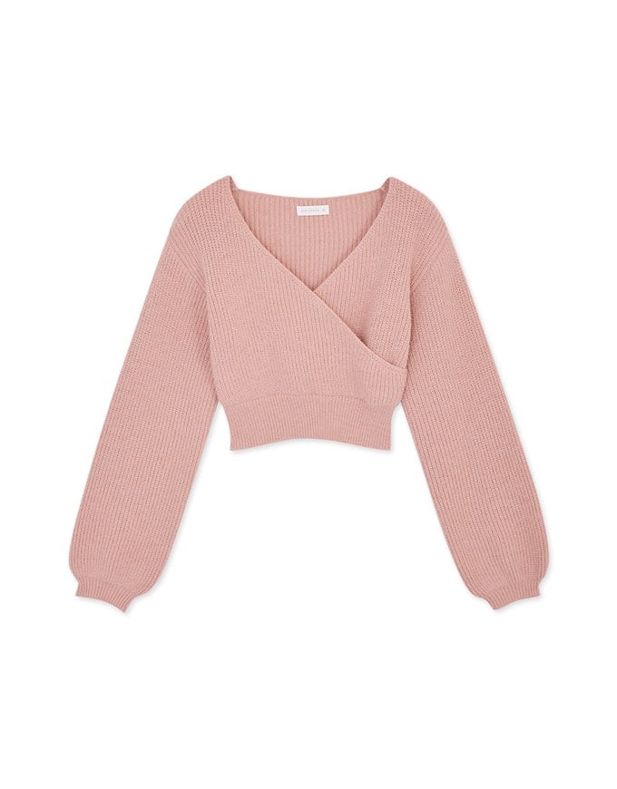 Overlapped V Neck Short Sleeve Knit Crop Top