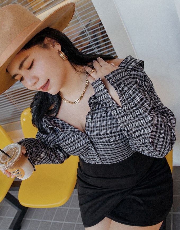 Plaid Strapless Button-Down Suede Mini Dress