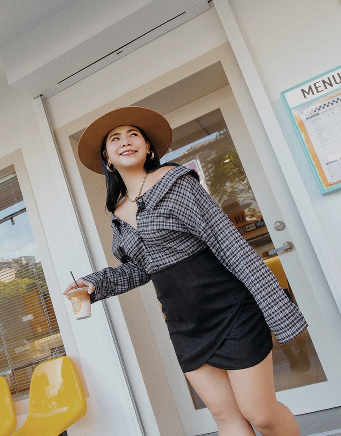 Plaid Strapless Button-Down Suede Mini Dress