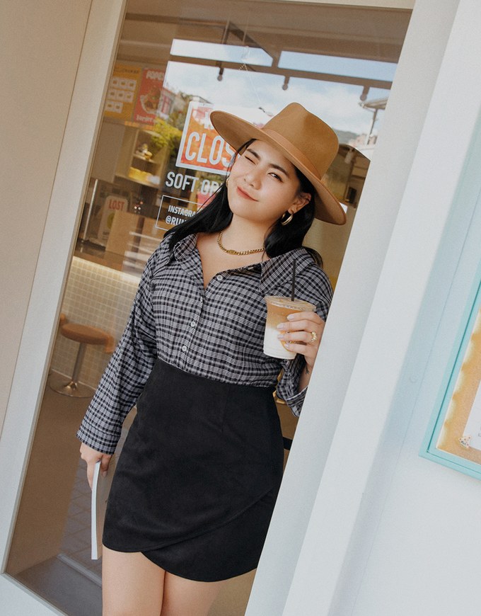 Plaid Strapless Button-Down Suede Mini Dress