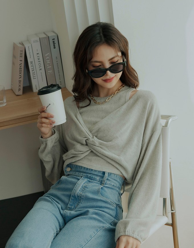Twisted Puff Sleeve Knitted Two Piece Top