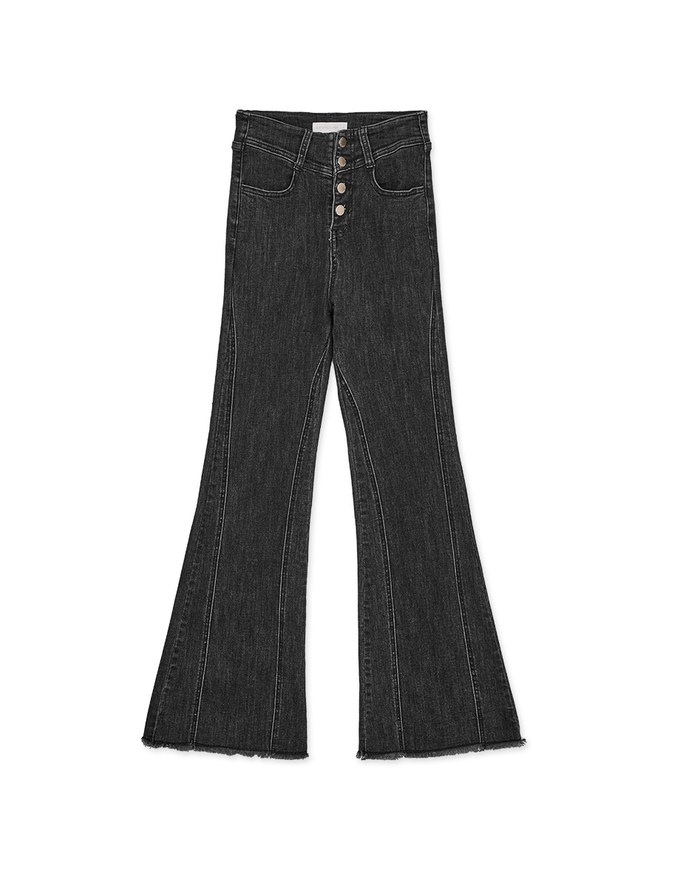 Buttoned Distressed Hem Denim Flared Pants