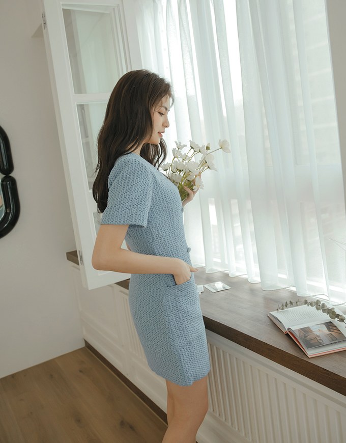 Waffle V Neck Double Breasted Mini Dress