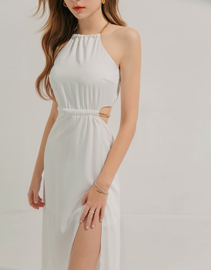 Gold Chain Hollow Slit Long Dress