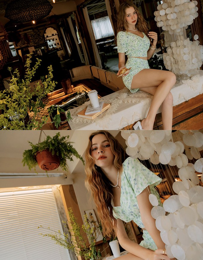 Render Print Back Tie-Up Short Skirt Set