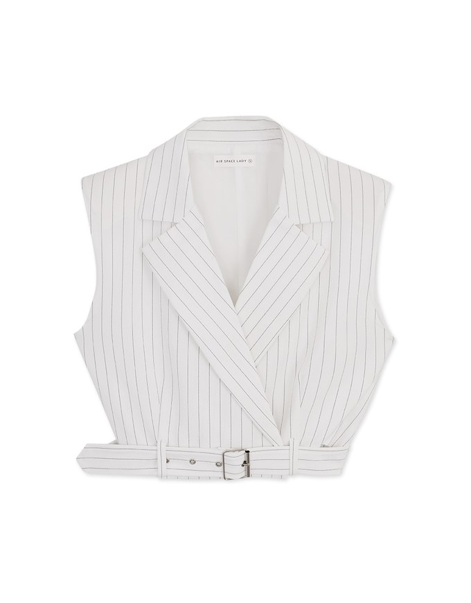 Open Collar Striped Belted Suit Top (With Shoulder Pads)