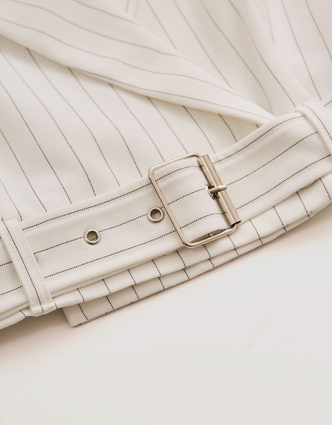 Open Collar Striped Belted Suit Top (With Shoulder Pads)