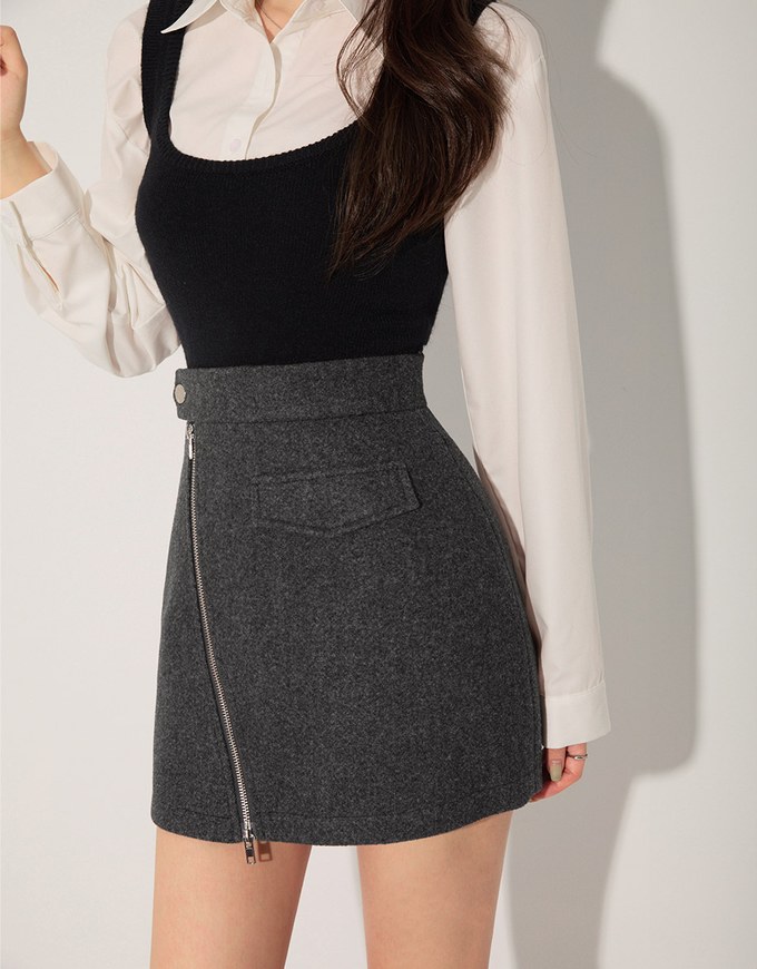 Casual Double-Zip Woolen Mini Skirt