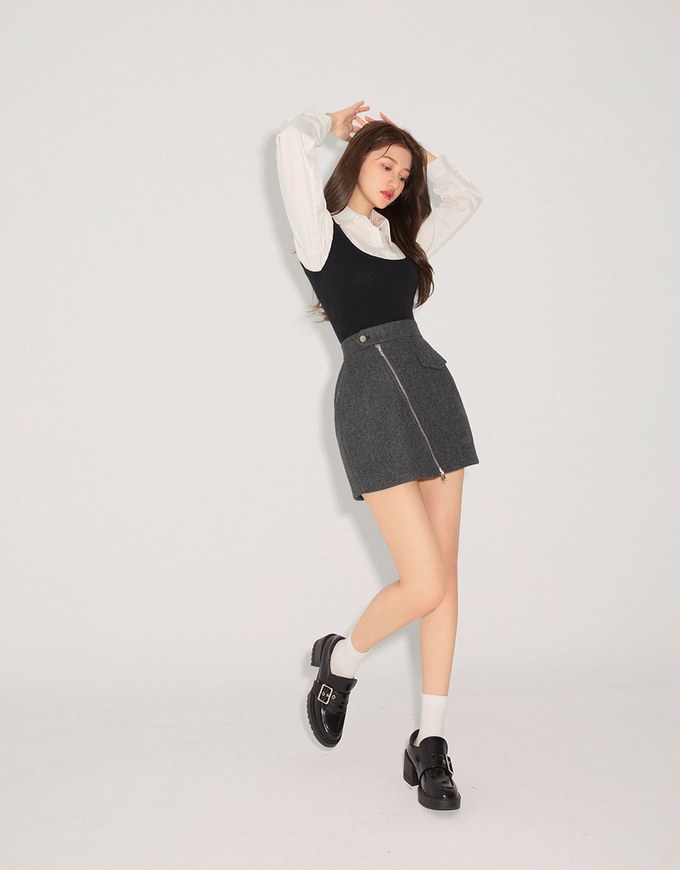 Casual Double-Zip Woolen Mini Skirt