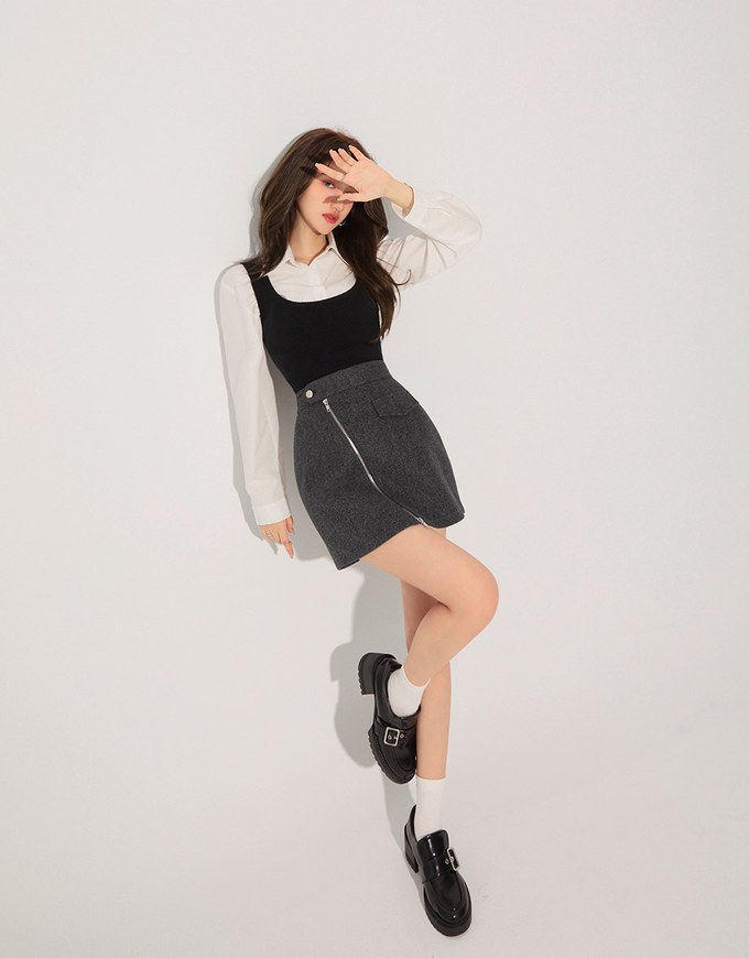 Casual Double-Zip Woolen Mini Skirt