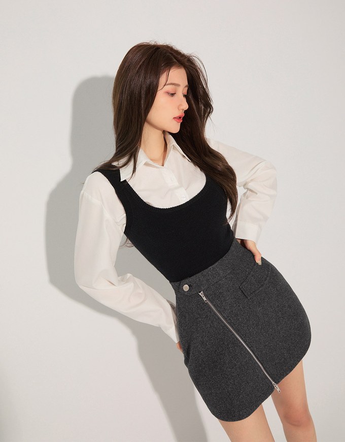 Casual Double-Zip Woolen Mini Skirt