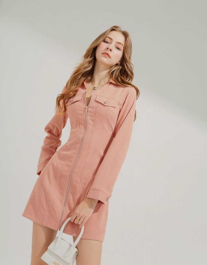 Peach Velvet Zipper Short Dress