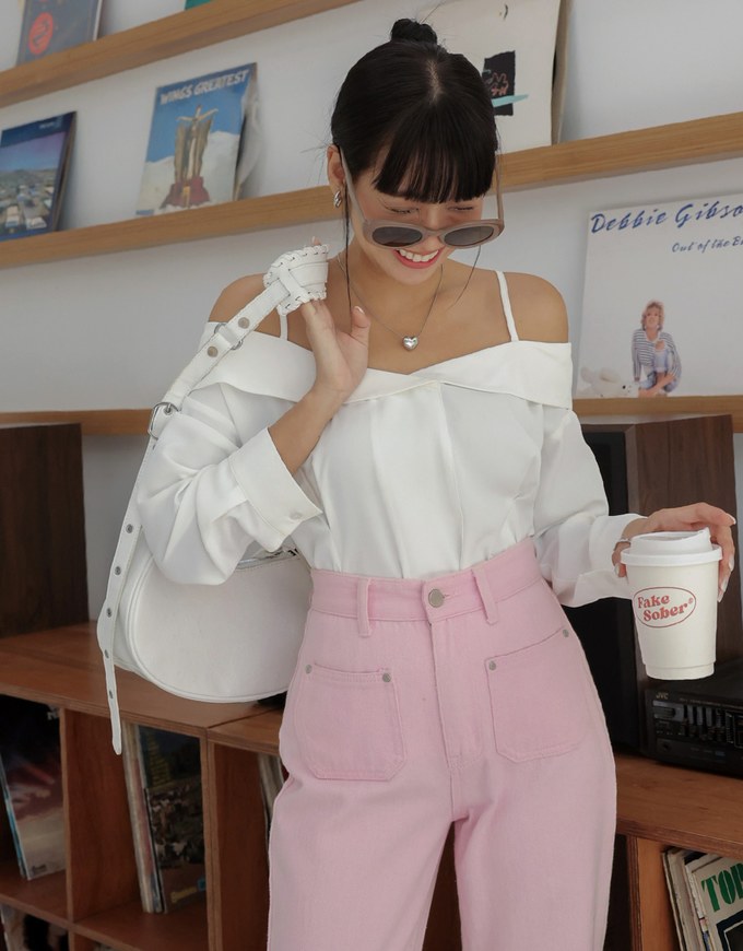 Off Shoulder Thin Strap Ruffled Hem Top