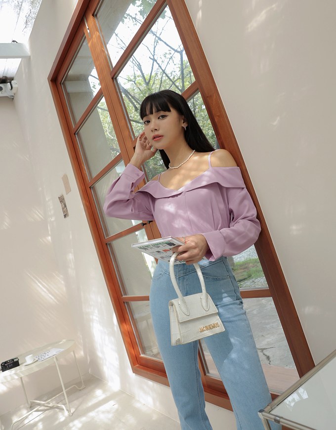 Off Shoulder Thin Strap Ruffled Hem Top