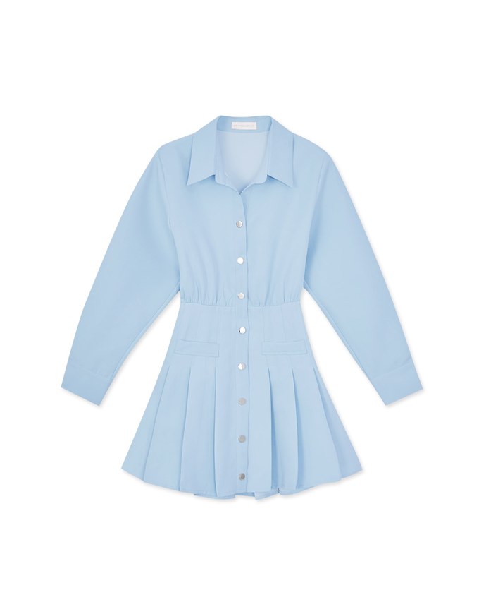 Snap Button Pleated Shirt Mini Dress