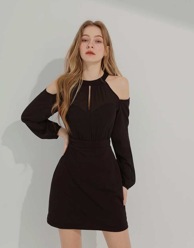 Sheer Hollow-out Short Dress (with padding)