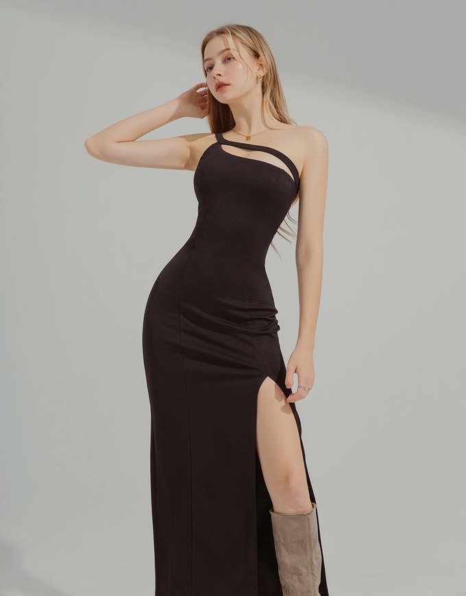 One Shoulder Hollow out Slit Maxi Dress (with padding)