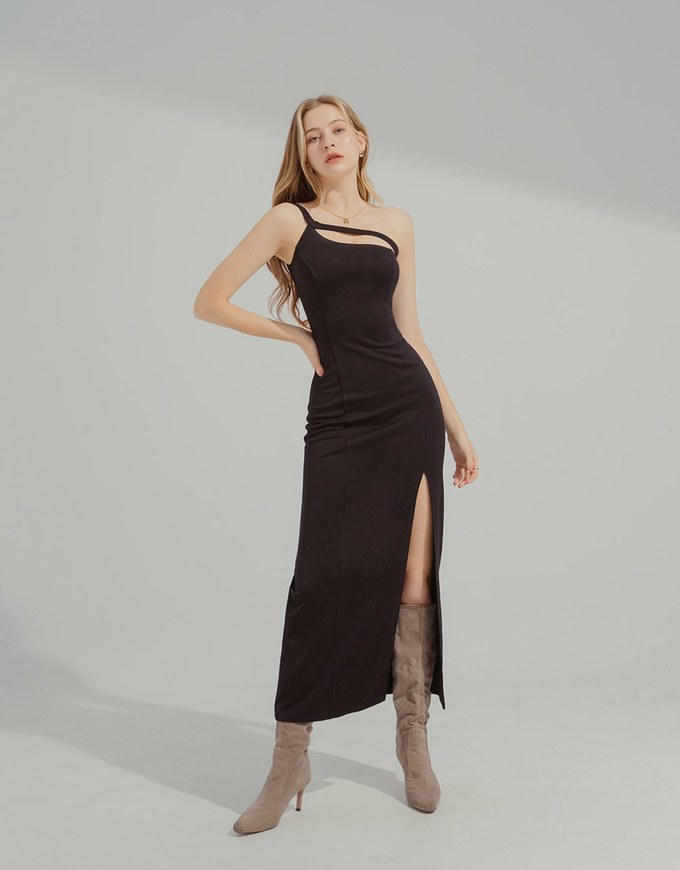 One Shoulder Hollow out Slit Maxi Dress (with padding)