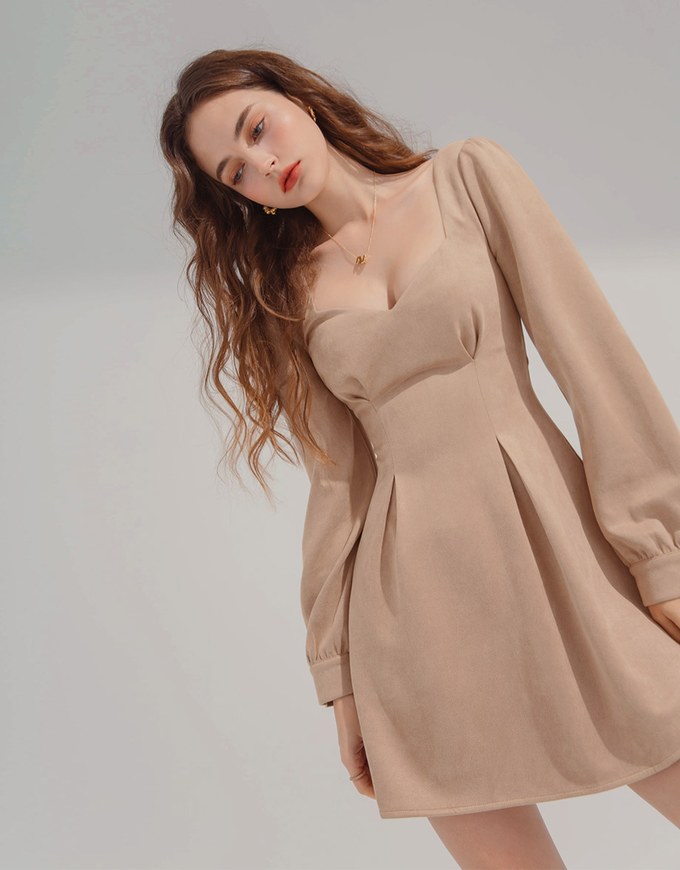 Elegant Heart Neck Suede Mini Dress