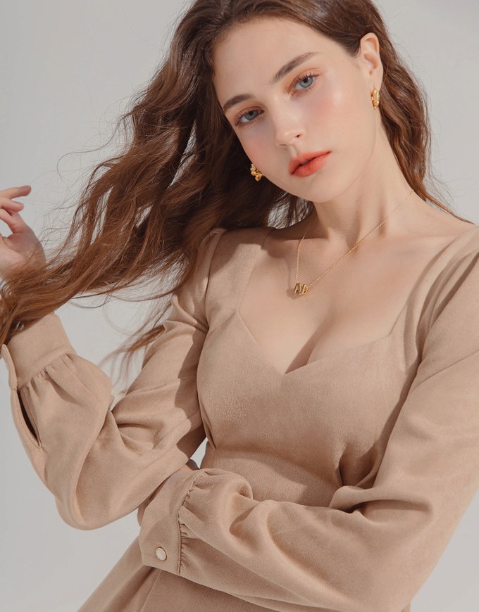 Elegant Heart Neck Suede Mini Dress