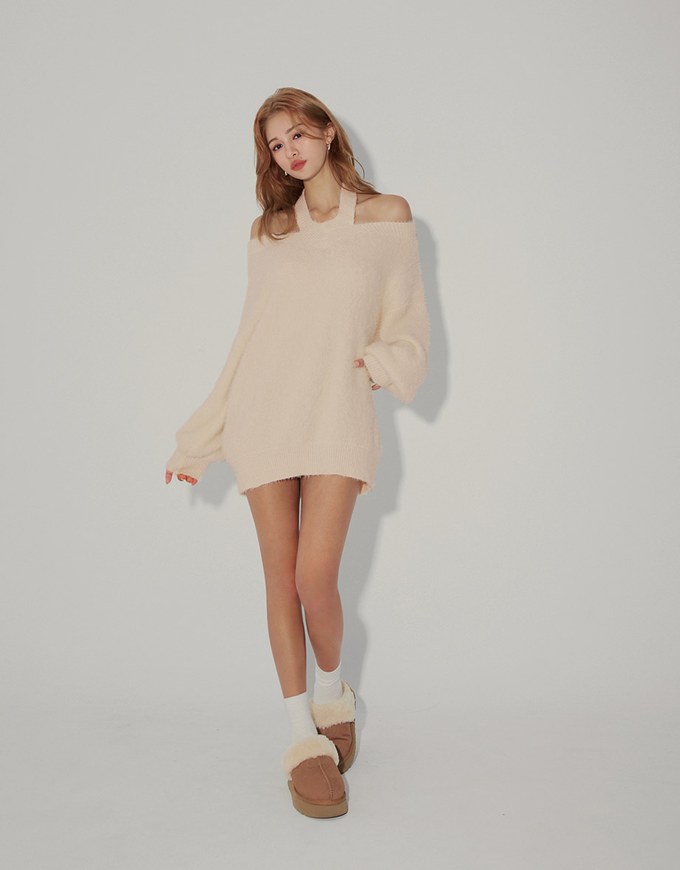 2WAY Halter Neck Hollow Mohair Mini Dress
