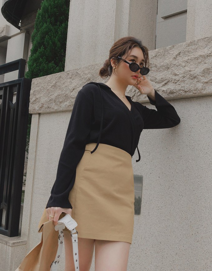 V Neck Overlap Ribbed Hoodie Top