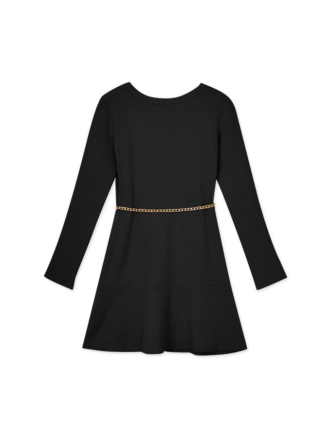 V Neck Ribbed Brushed Mini Dress (With Waist Chain)