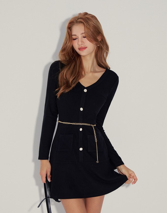 V Neck Ribbed Brushed Mini Dress (With Waist Chain)