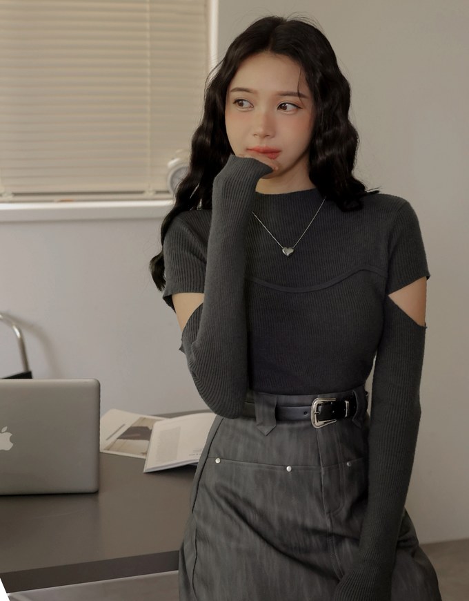 Half Turtleneck Sleeve Cutout Top