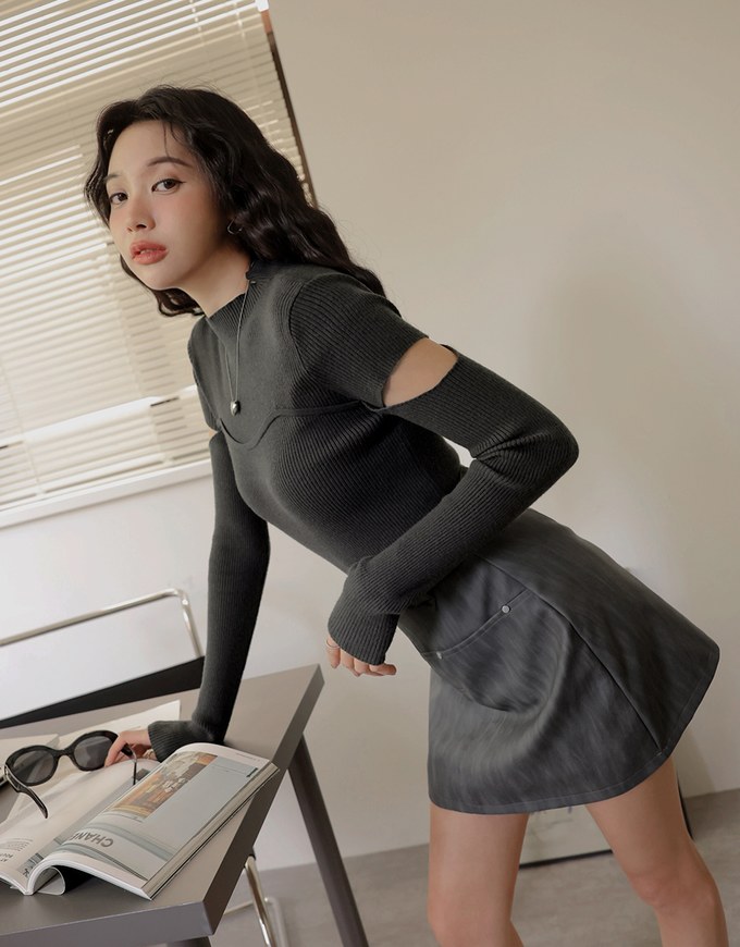 Half Turtleneck Sleeve Cutout Top