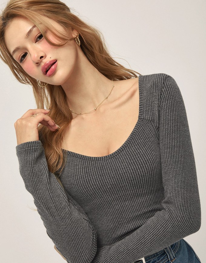 Sweetheart Neckline Ribbed Fitted Top