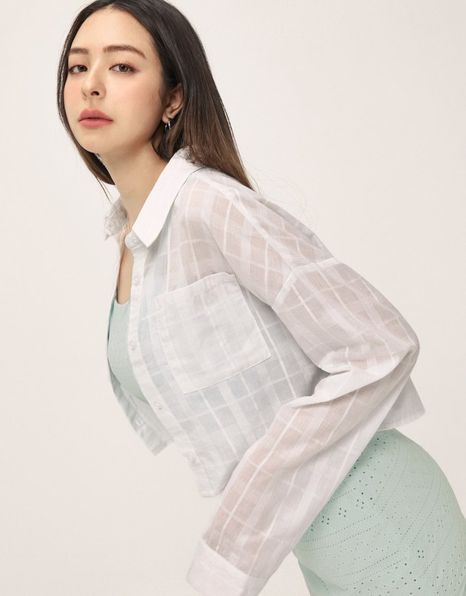 Simple Plaid Cotton Sheer Blouse